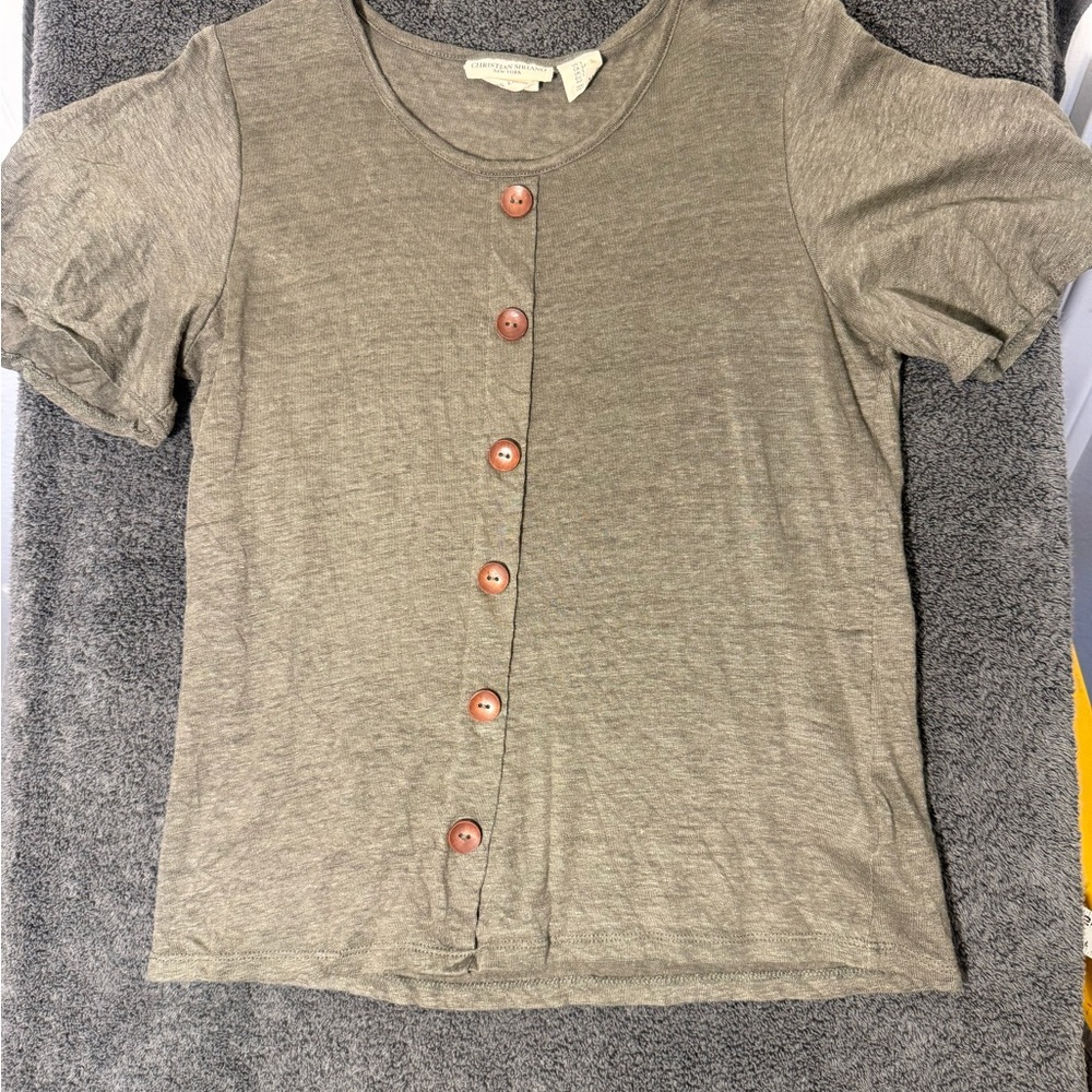 Christian Siriano Linen Women's Asymmetrical Button-Up Shirt- Olive Green